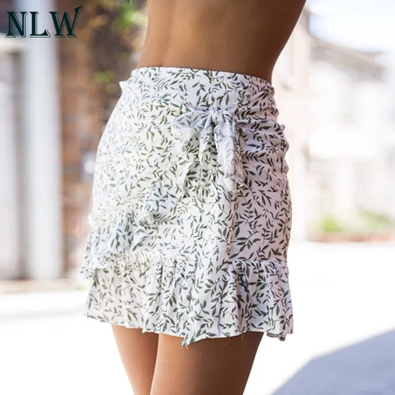 VenusFox Ruffle Vintage White Print Short Summer Skirt