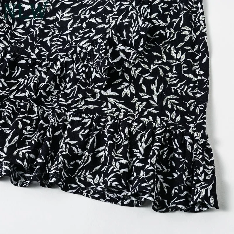 VenusFox Ruffle Vintage White Print Short Summer Skirt