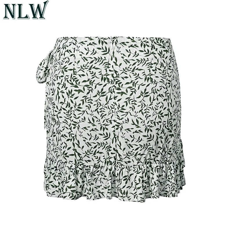 VenusFox Ruffle Vintage White Print Short Summer Skirt
