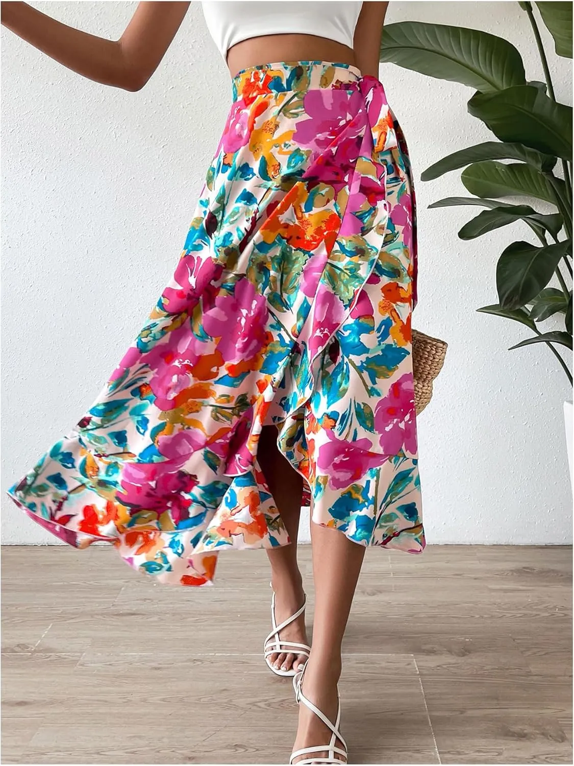 Verdusa Women's Boho Floral Bow Tie Wrap Skirt Asymmetrical Flowy Vacation Long Skirts