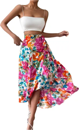 Verdusa Women's Boho Floral Bow Tie Wrap Skirt Asymmetrical Flowy Vacation Long Skirts
