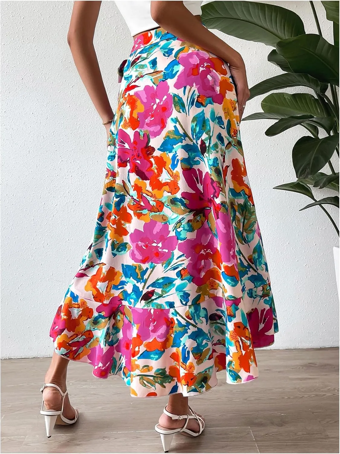 Verdusa Women's Boho Floral Bow Tie Wrap Skirt Asymmetrical Flowy Vacation Long Skirts