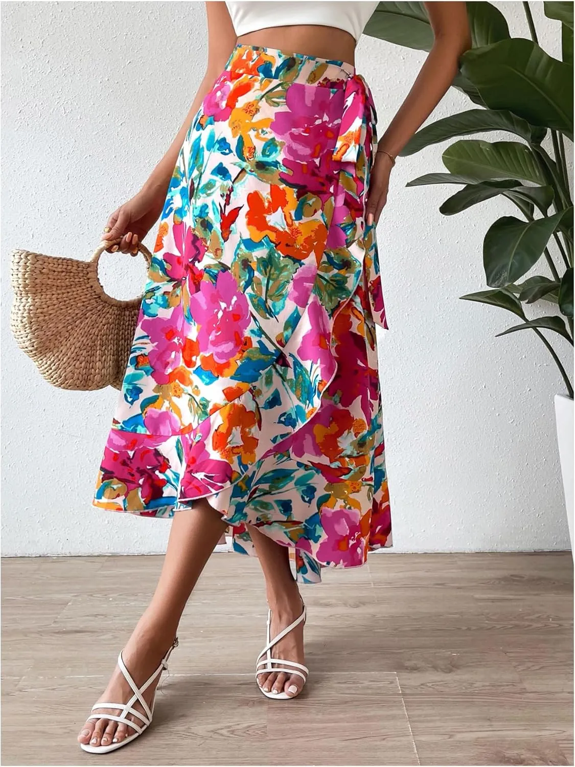 Verdusa Women's Boho Floral Bow Tie Wrap Skirt Asymmetrical Flowy Vacation Long Skirts