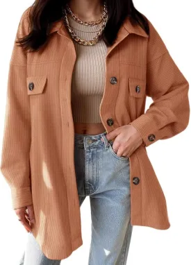 VICHYIE Womens Corduroy Shacket Blouses Button Down Shirts Pocket Long Sleeves Tops Jacket Coats