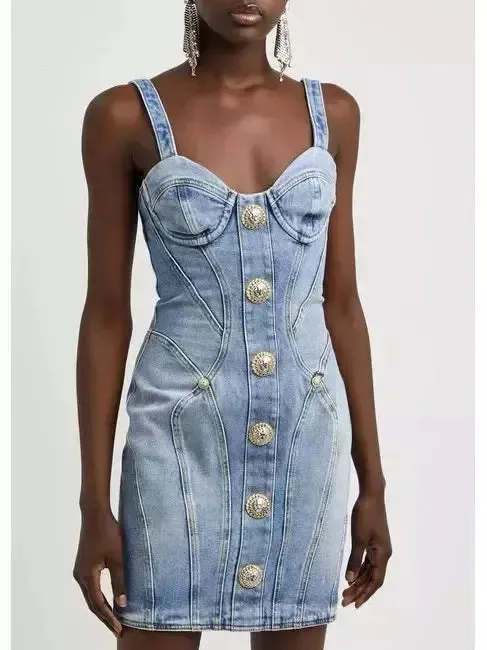 Women’s Button-Embellished Denim Mini Dress