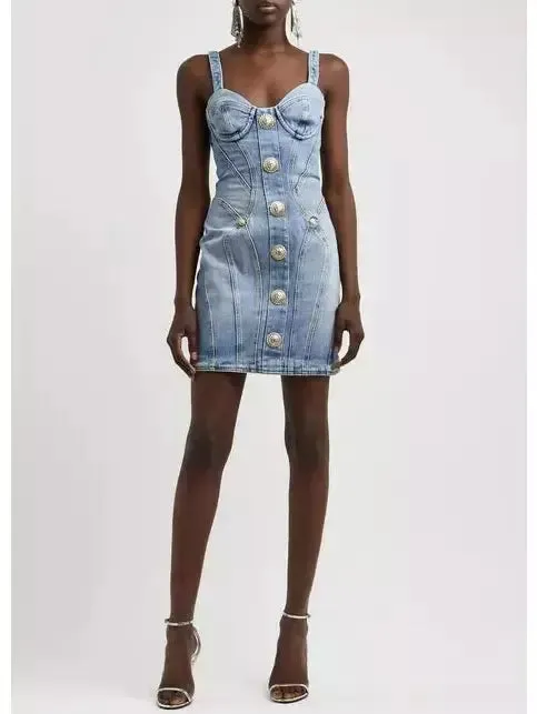 Women’s Button-Embellished Denim Mini Dress