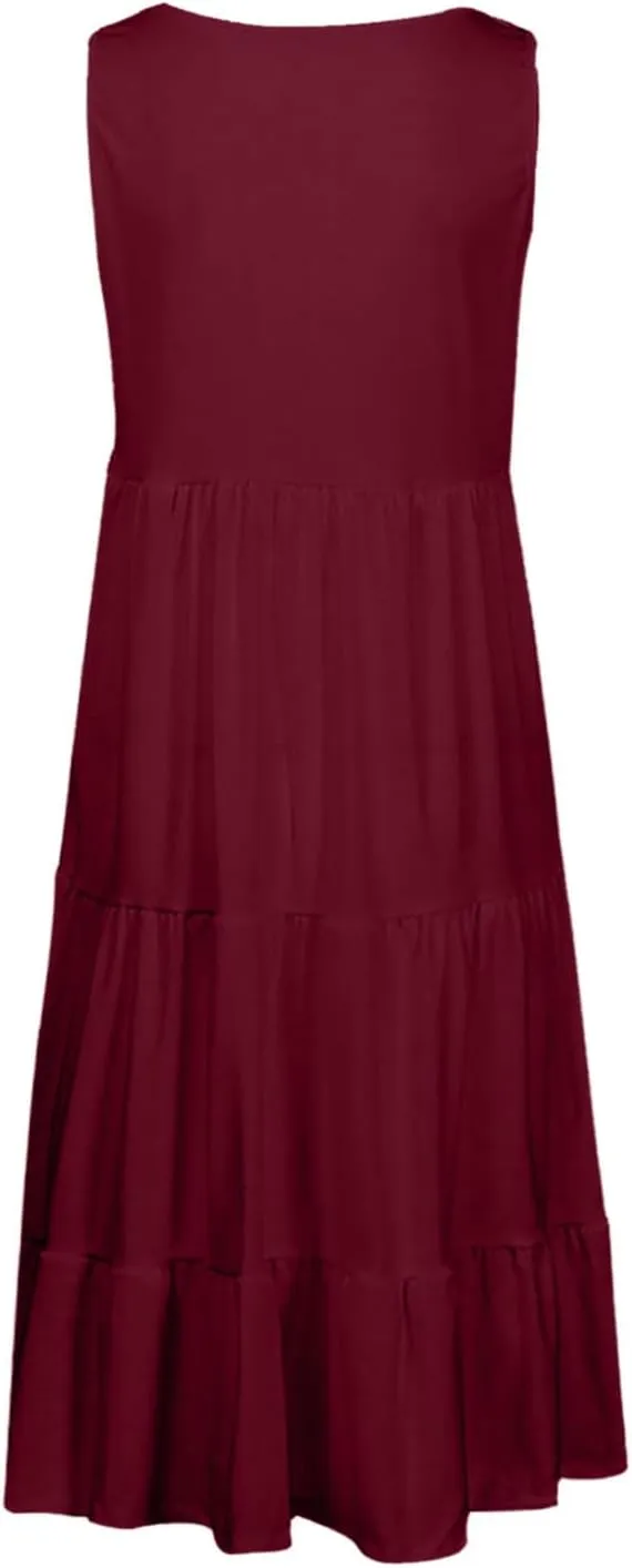Womens Casual Sundresses 2025 Vacation Summer Beach Dresses Flowy Knee Length Tshirt Dress Sleeveless Ruffle Dress