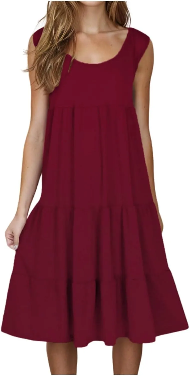 Womens Casual Sundresses 2025 Vacation Summer Beach Dresses Flowy Knee Length Tshirt Dress Sleeveless Ruffle Dress