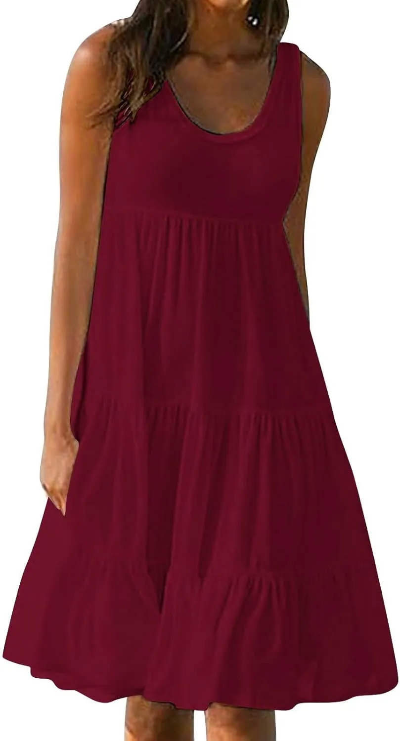 Womens Casual Sundresses 2025 Vacation Summer Beach Dresses Flowy Knee Length Tshirt Dress Sleeveless Ruffle Dress
