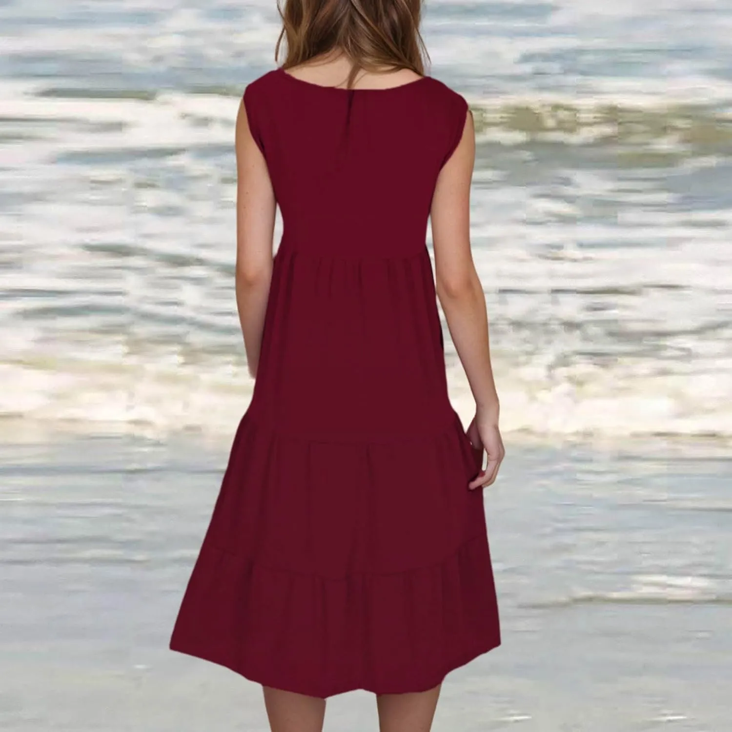 Womens Casual Sundresses 2025 Vacation Summer Beach Dresses Flowy Knee Length Tshirt Dress Sleeveless Ruffle Dress