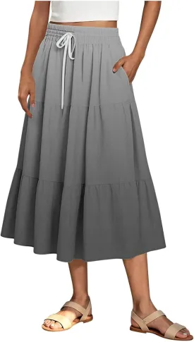 Womens Gradient Color Boho Maxi Skirt Elastic High Waist A-Line Pleated Flowy Long Skirts Beach Vacation Outfits