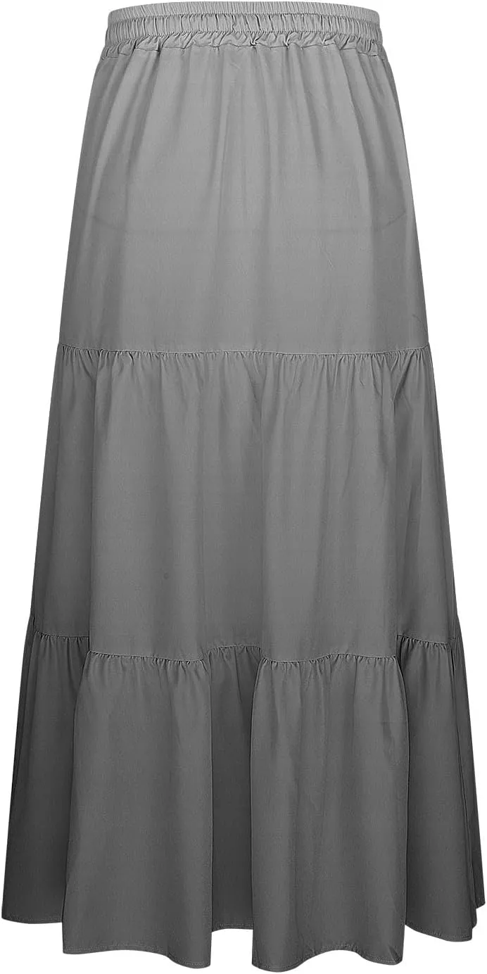 Womens Gradient Color Boho Maxi Skirt Elastic High Waist A-Line Pleated Flowy Long Skirts Beach Vacation Outfits