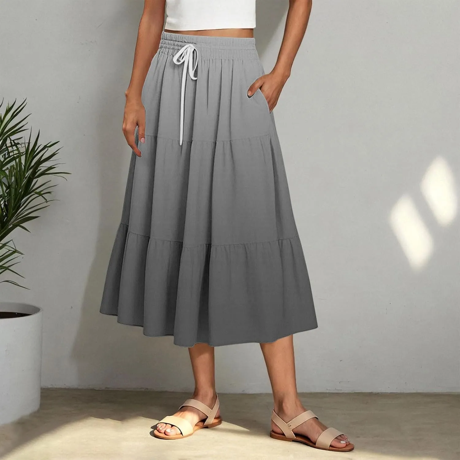 Womens Gradient Color Boho Maxi Skirt Elastic High Waist A-Line Pleated Flowy Long Skirts Beach Vacation Outfits
