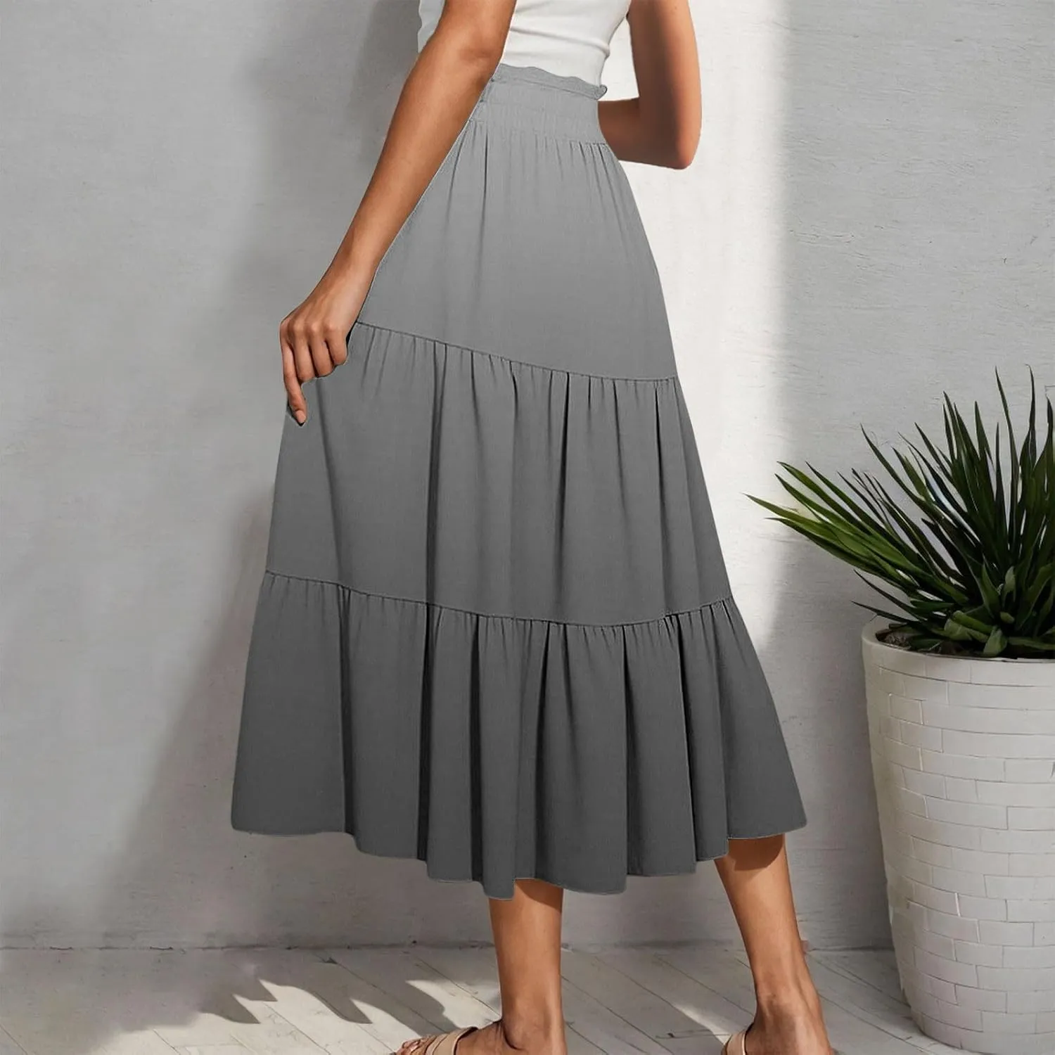 Womens Gradient Color Boho Maxi Skirt Elastic High Waist A-Line Pleated Flowy Long Skirts Beach Vacation Outfits