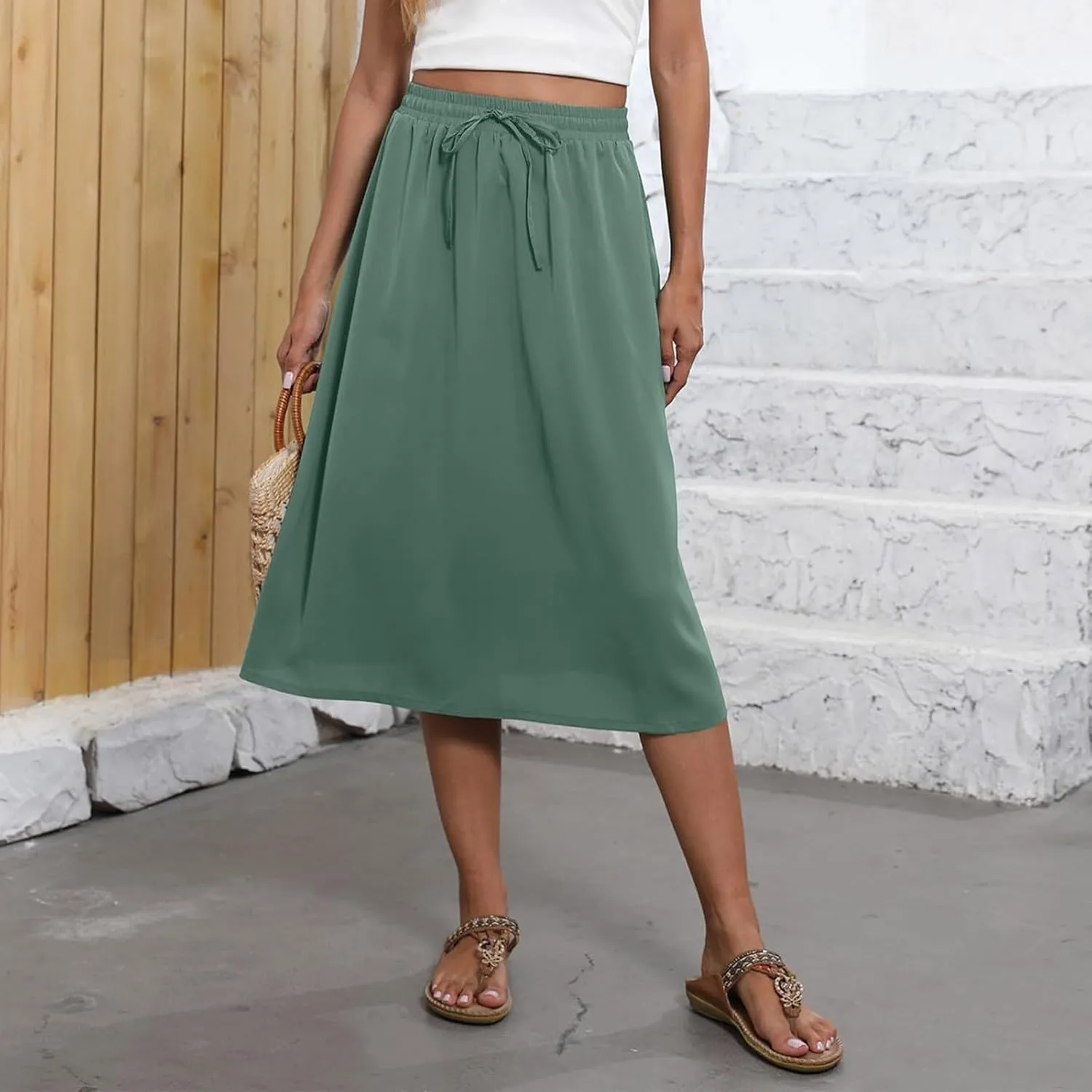 Womens Skirts Summer Midi Skirt Drawstring High Waisted Knee Length Skirt Pleated A-Line Swing Skirts with Pockets