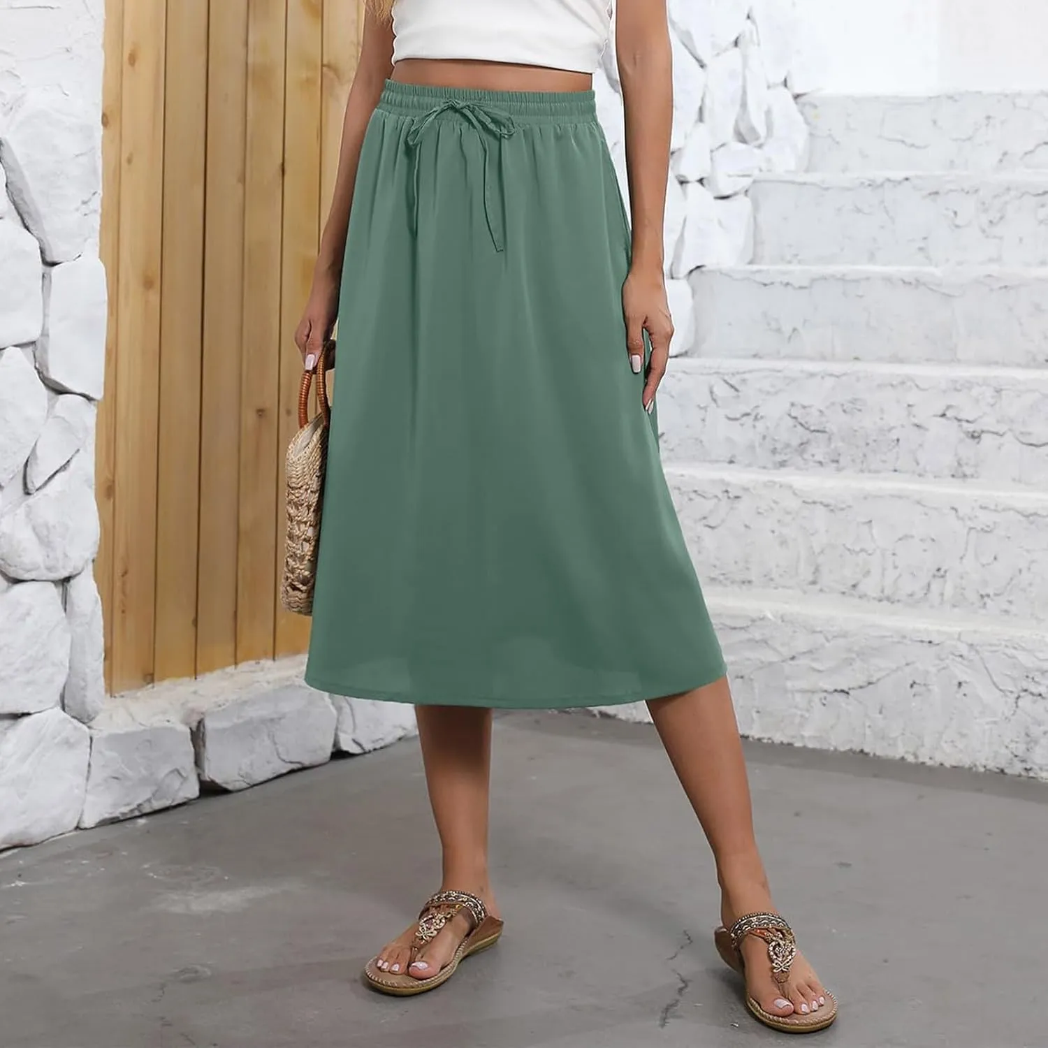 Womens Skirts Summer Midi Skirt Drawstring High Waisted Knee Length Skirt Pleated A-Line Swing Skirts with Pockets