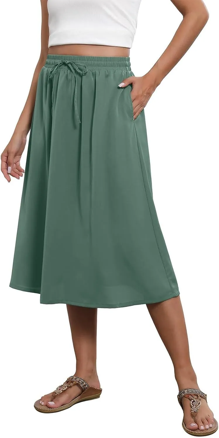 Womens Skirts Summer Midi Skirt Drawstring High Waisted Knee Length Skirt Pleated A-Line Swing Skirts with Pockets