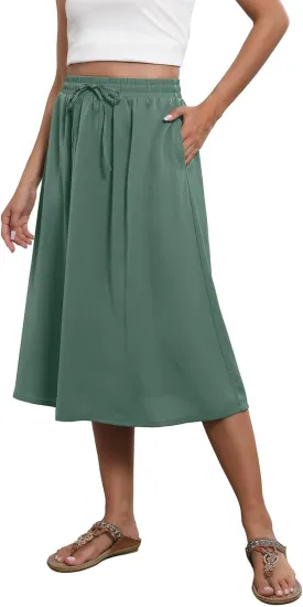 Womens Skirts Summer Midi Skirt Drawstring High Waisted Knee Length Skirt Pleated A-Line Swing Skirts with Pockets