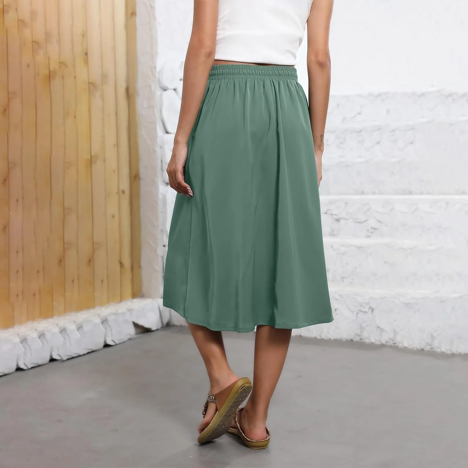 Womens Skirts Summer Midi Skirt Drawstring High Waisted Knee Length Skirt Pleated A-Line Swing Skirts with Pockets