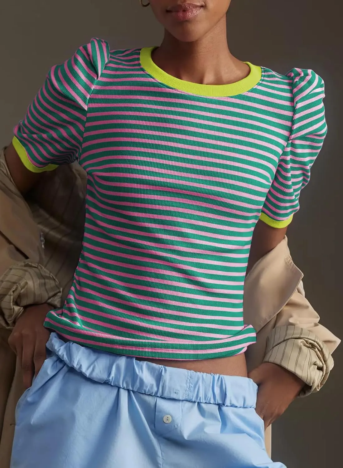 Women's Summer Striped Puff T Shirt Short Sleeve Crewneck Blouse Casual Knit Slim Fit Tops