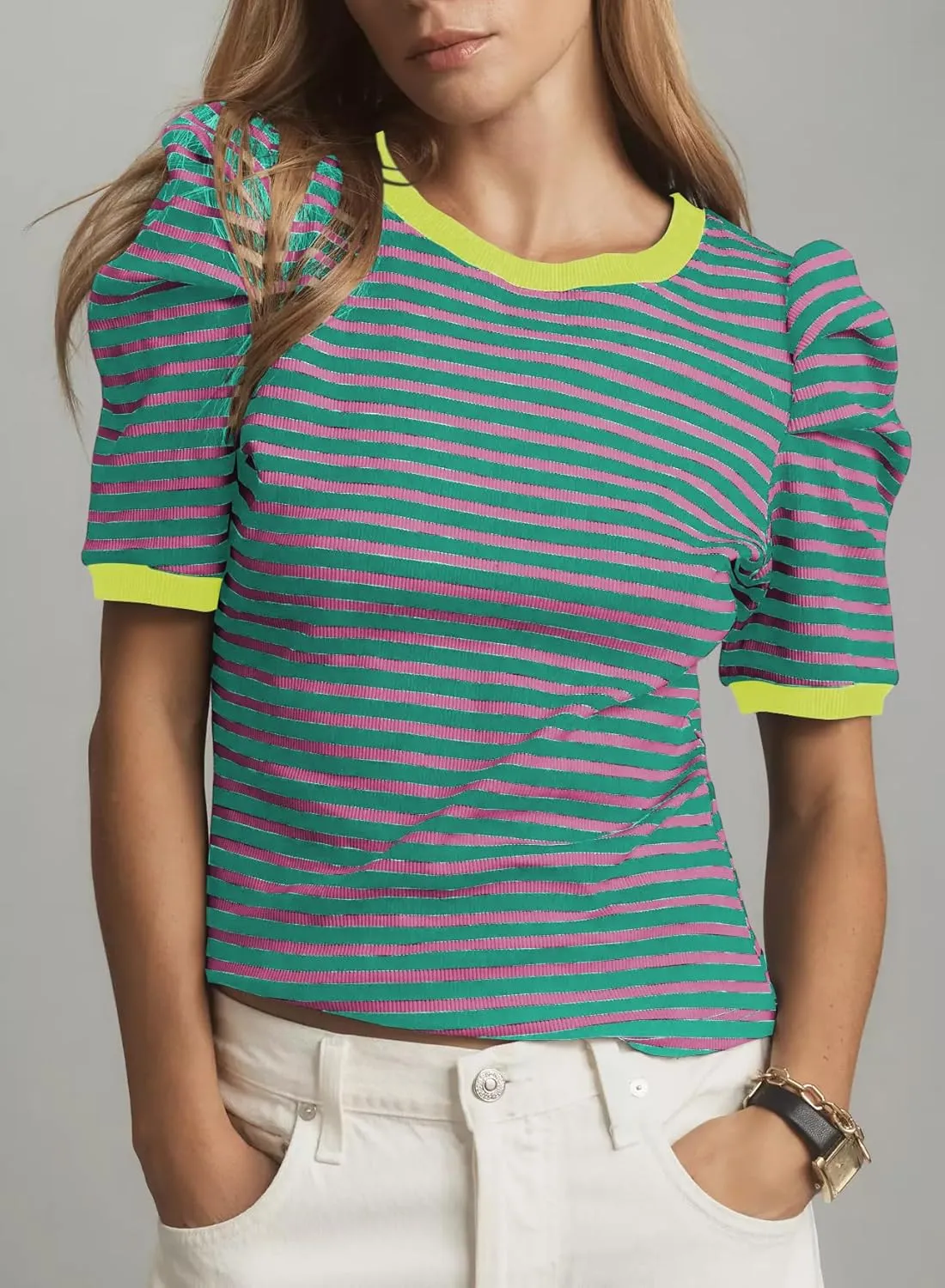 Women's Summer Striped Puff T Shirt Short Sleeve Crewneck Blouse Casual Knit Slim Fit Tops