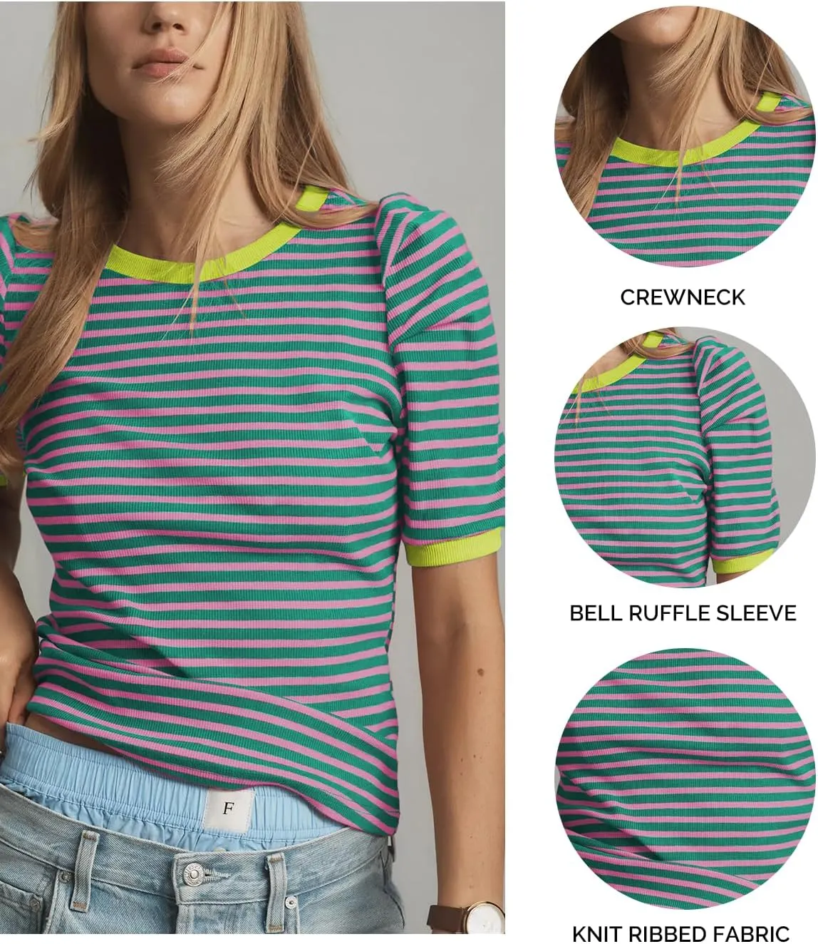 Women's Summer Striped Puff T Shirt Short Sleeve Crewneck Blouse Casual Knit Slim Fit Tops