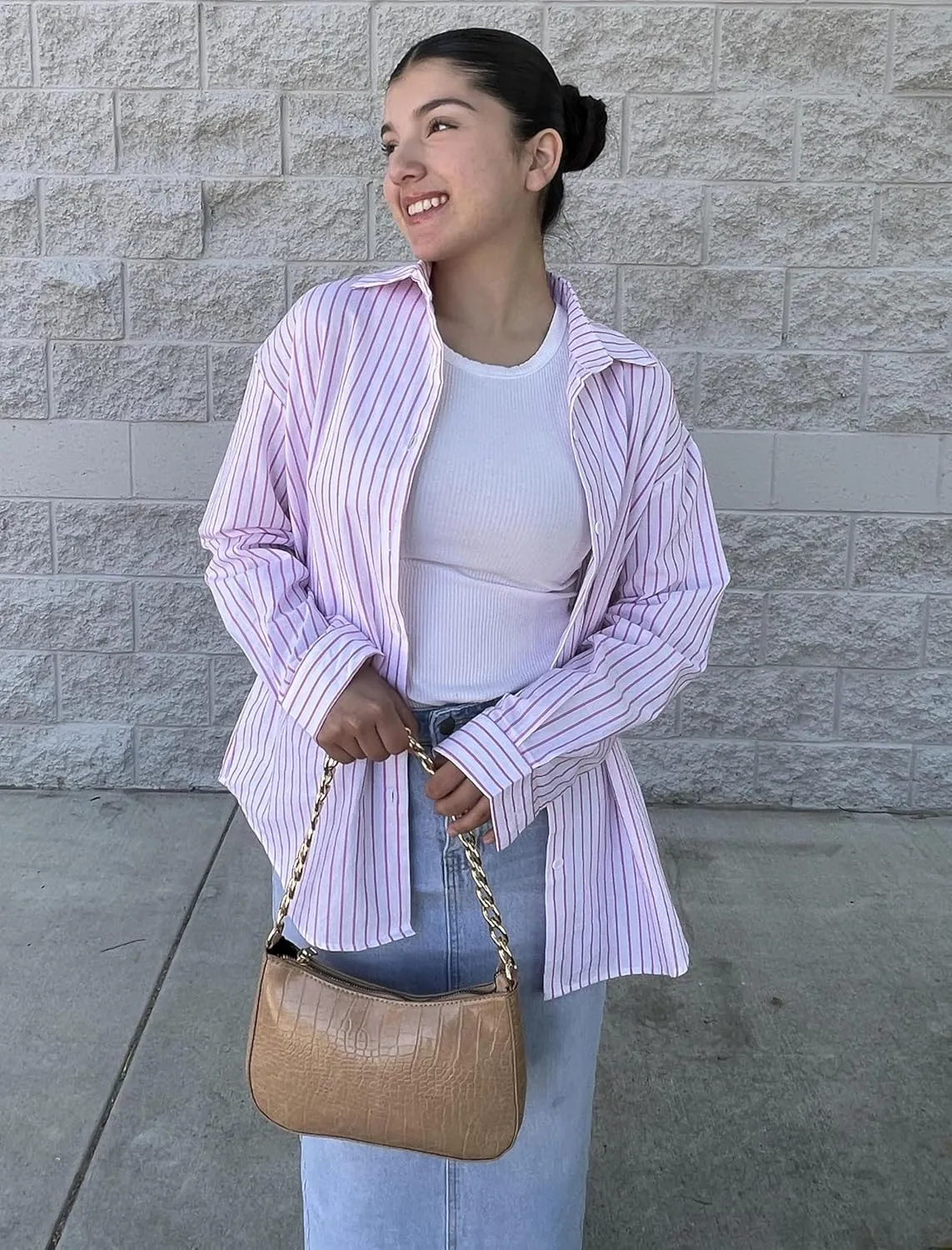 Zeagoo Striped Button Down Shirts for Women Casual Loose Long Sleeve Shirts Business Work Tunic Top
