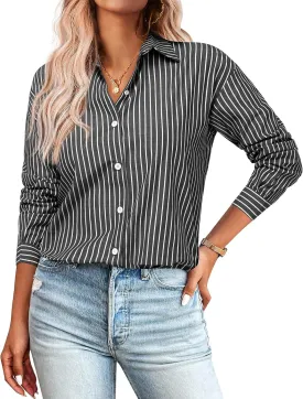 Zeagoo Striped Button Down Shirts for Women Casual Loose Long Sleeve Shirts Business Work Tunic Top