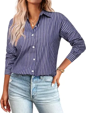 Zeagoo Striped Button Down Shirts for Women Casual Loose Long Sleeve Shirts Business Work Tunic Top