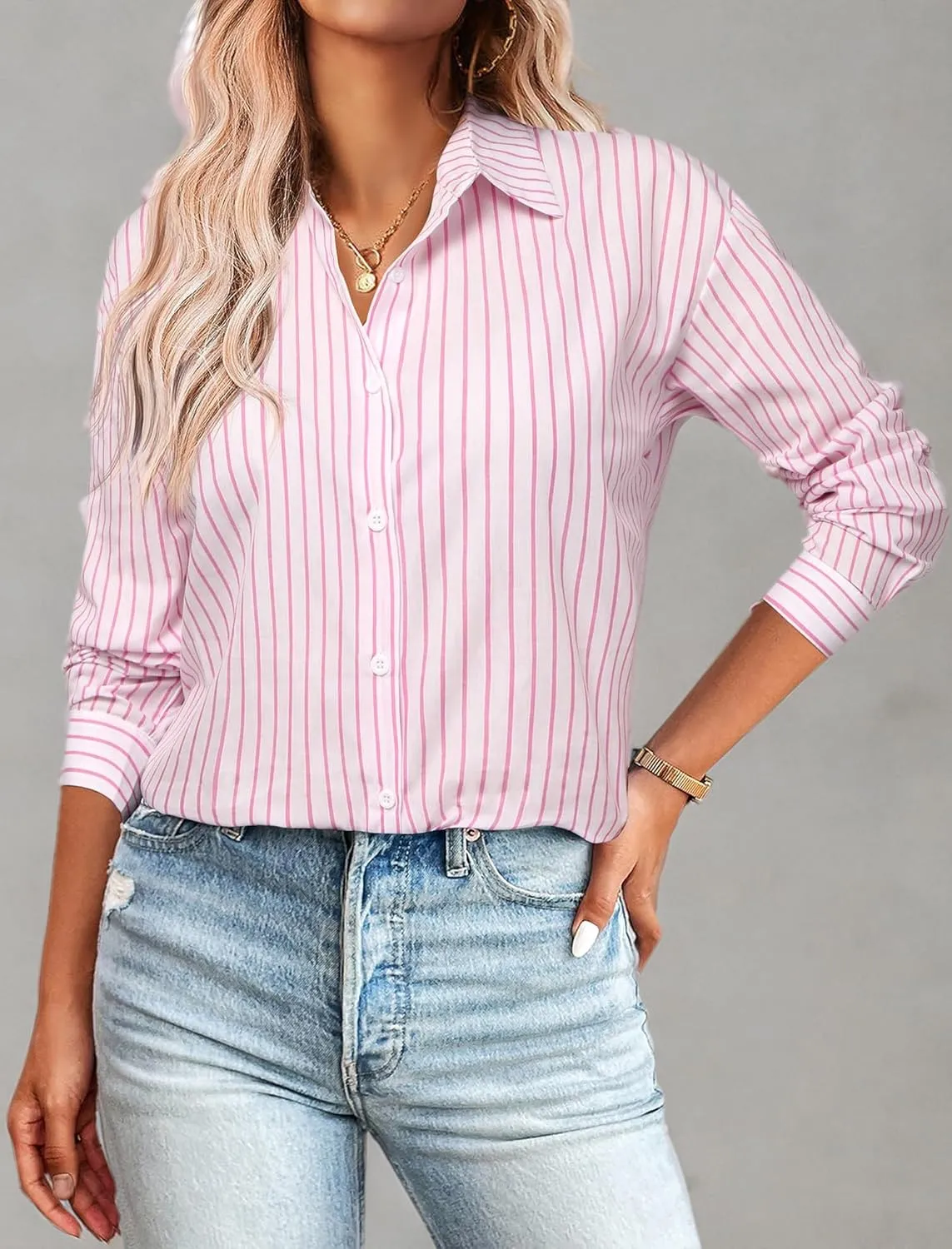 Zeagoo Striped Button Down Shirts for Women Casual Loose Long Sleeve Shirts Business Work Tunic Top