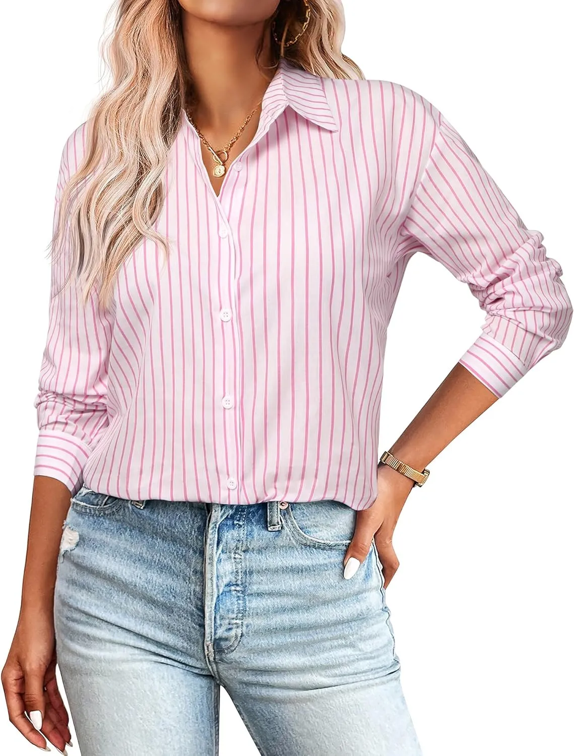 Zeagoo Striped Button Down Shirts for Women Casual Loose Long Sleeve Shirts Business Work Tunic Top