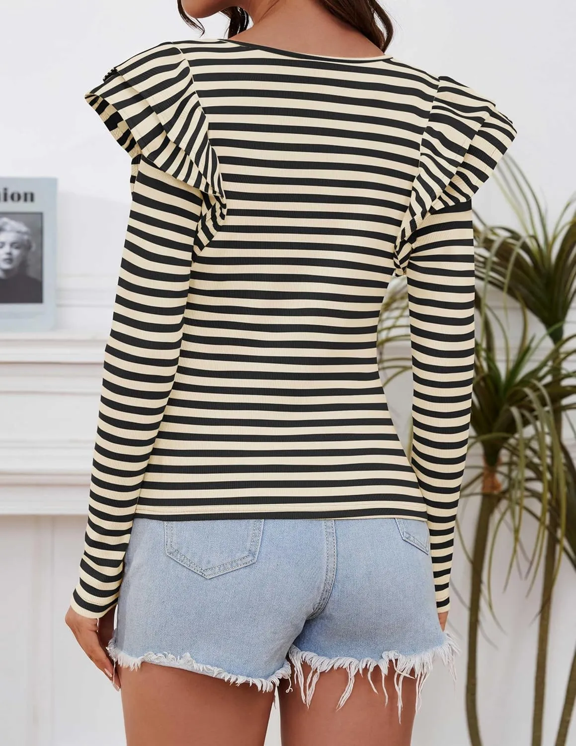 ZESICA Womens Ruffle Long Sleeve Scoop Neck Shirt Striped Slim Fitted Casual Basic Tee Tops Trendy Spring Clothes