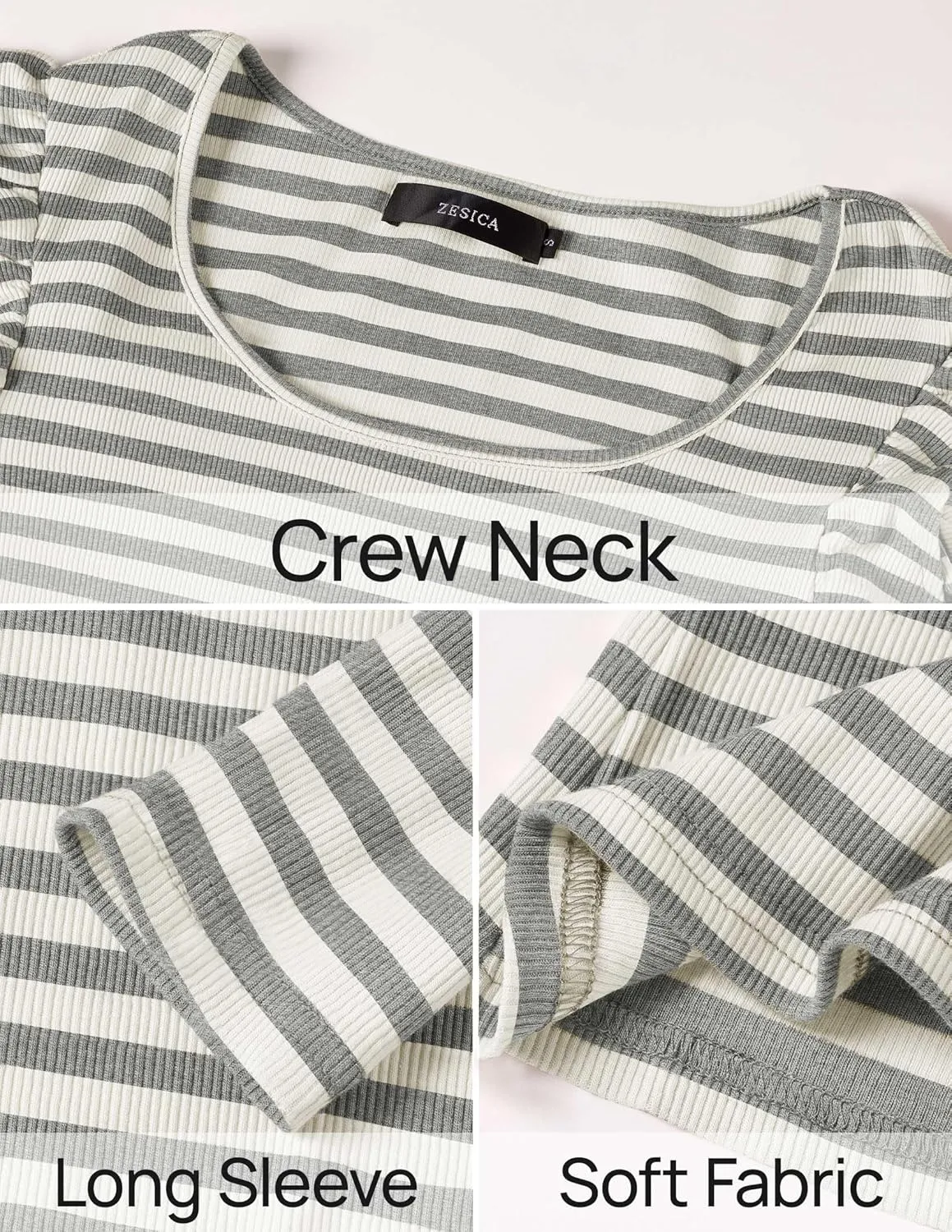 ZESICA Womens Ruffle Long Sleeve Scoop Neck Shirt Striped Slim Fitted Casual Basic Tee Tops Trendy Spring Clothes