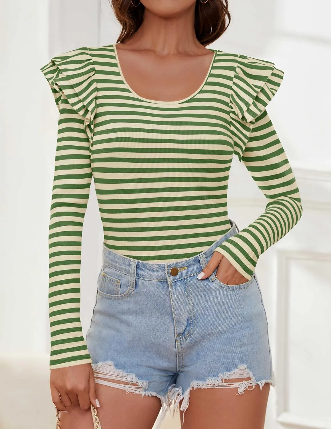 ZESICA Womens Ruffle Long Sleeve Scoop Neck Shirt Striped Slim Fitted Casual Basic Tee Tops Trendy Spring Clothes