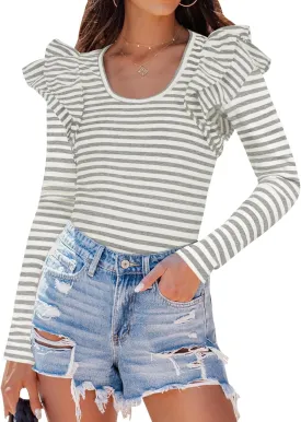 ZESICA Womens Ruffle Long Sleeve Scoop Neck Shirt Striped Slim Fitted Casual Basic Tee Tops Trendy Spring Clothes