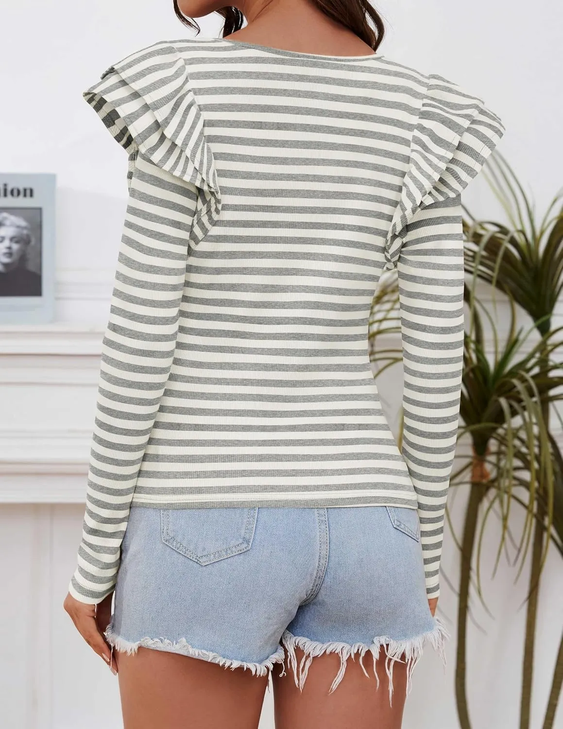 ZESICA Womens Ruffle Long Sleeve Scoop Neck Shirt Striped Slim Fitted Casual Basic Tee Tops Trendy Spring Clothes
