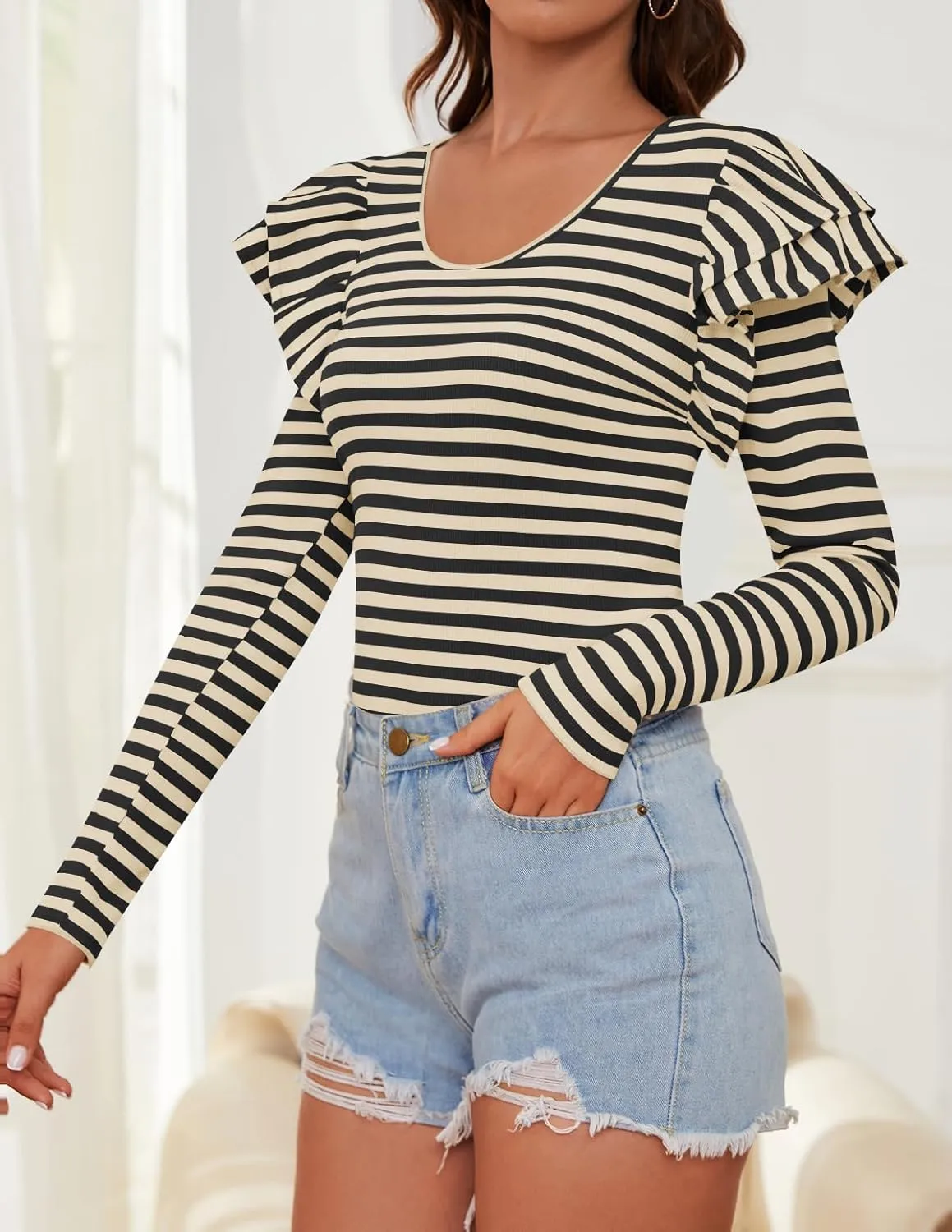 ZESICA Womens Ruffle Long Sleeve Scoop Neck Shirt Striped Slim Fitted Casual Basic Tee Tops Trendy Spring Clothes
