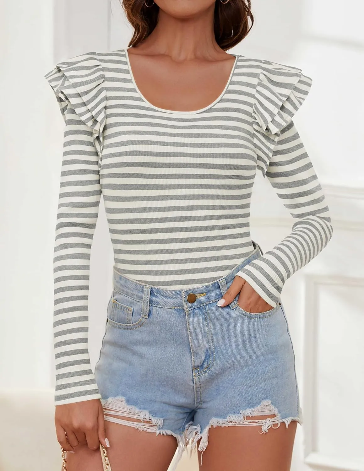 ZESICA Womens Ruffle Long Sleeve Scoop Neck Shirt Striped Slim Fitted Casual Basic Tee Tops Trendy Spring Clothes