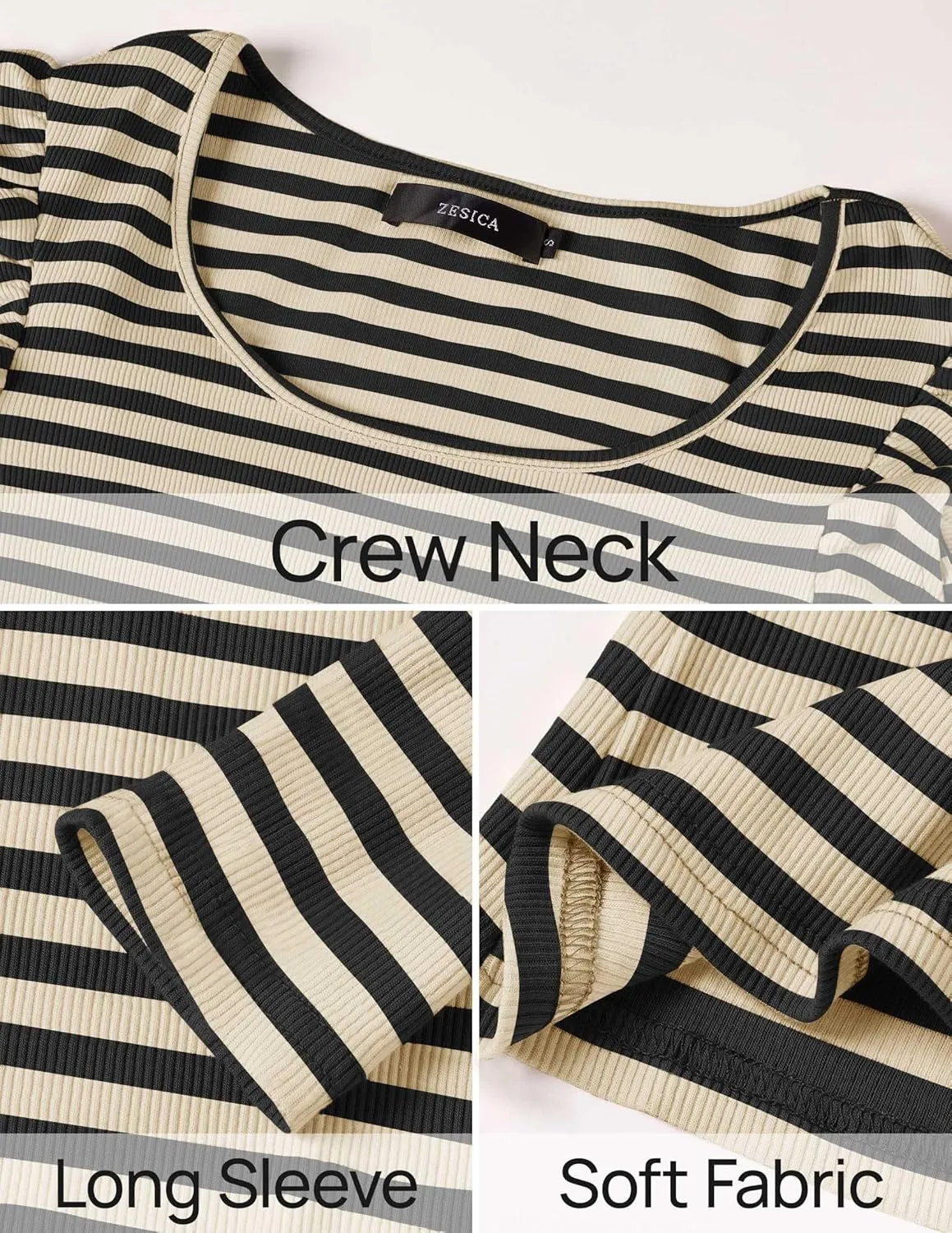 ZESICA Womens Ruffle Long Sleeve Scoop Neck Shirt Striped Slim Fitted Casual Basic Tee Tops Trendy Spring Clothes