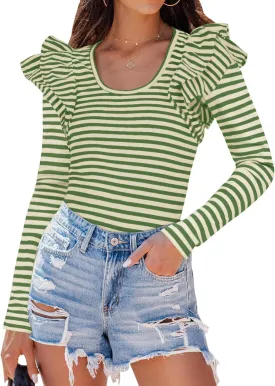ZESICA Womens Ruffle Long Sleeve Scoop Neck Shirt Striped Slim Fitted Casual Basic Tee Tops Trendy Spring Clothes
