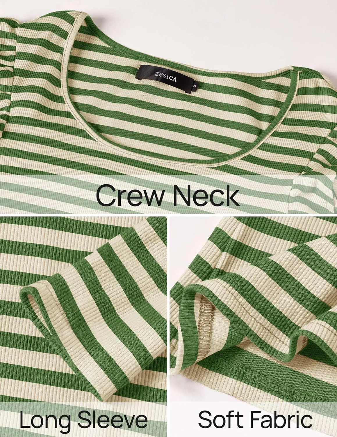 ZESICA Womens Ruffle Long Sleeve Scoop Neck Shirt Striped Slim Fitted Casual Basic Tee Tops Trendy Spring Clothes