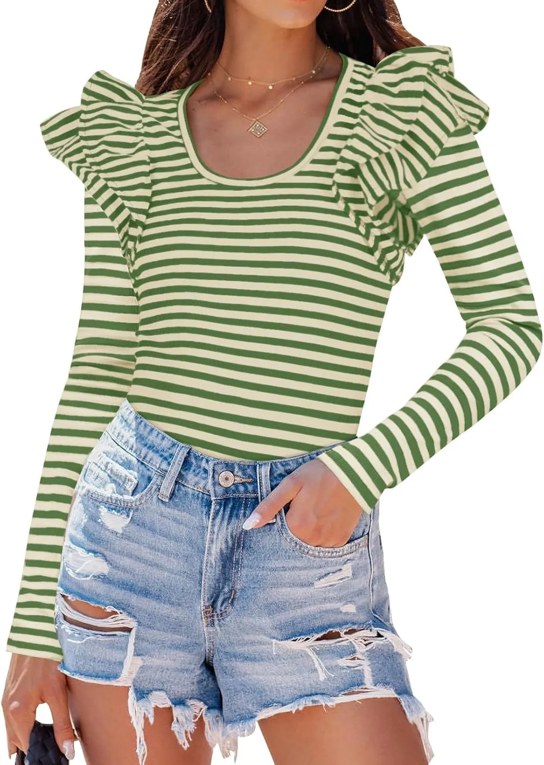 ZESICA Womens Ruffle Long Sleeve Scoop Neck Shirt Striped Slim Fitted Casual Basic Tee Tops Trendy Spring Clothes